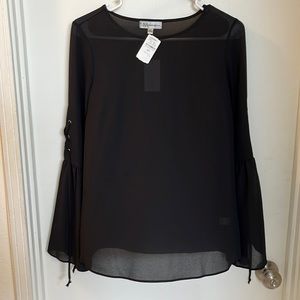 LNWT NW Neiman Marcus Black Lace Sleeve Sheer Top XS